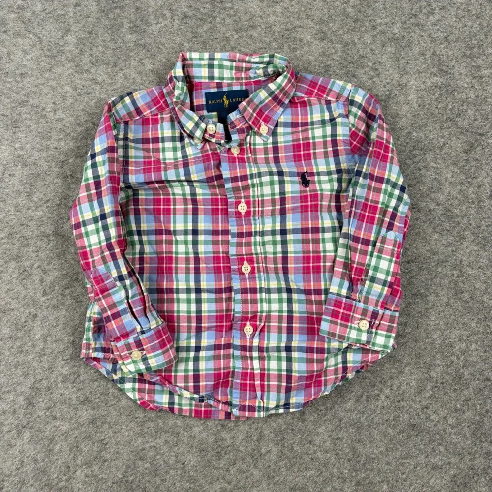 Ralph Lauren Button Down Boy 18 Month Plaid Madras Preppy Long Sleeve Shirt